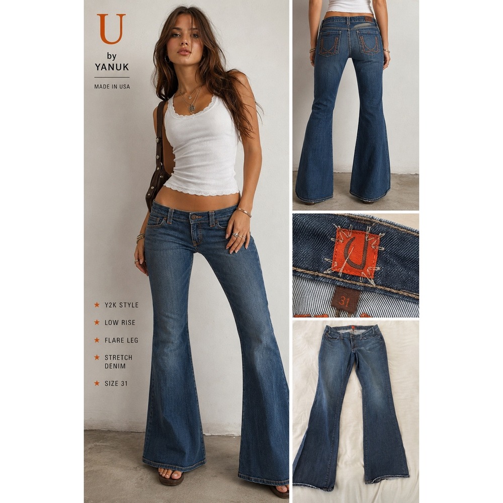 U by Yanuk Y2K Flare Jeans Womens 31 Low Rise Bell Bottom Boho‎ Festival Denim